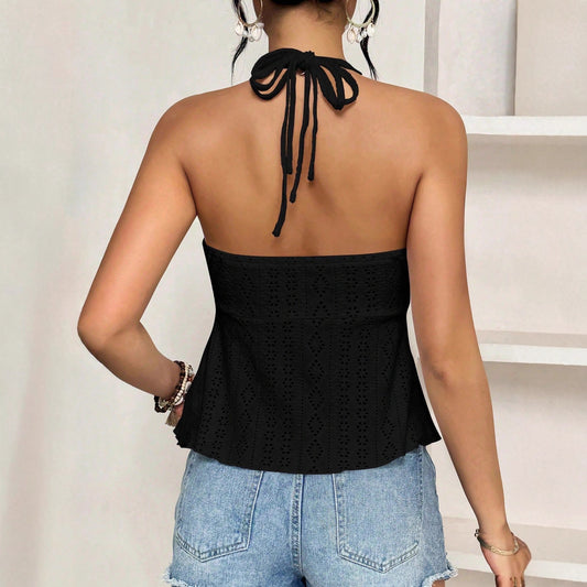 Eyelet Embroidery Halter Top with Peplum Hem