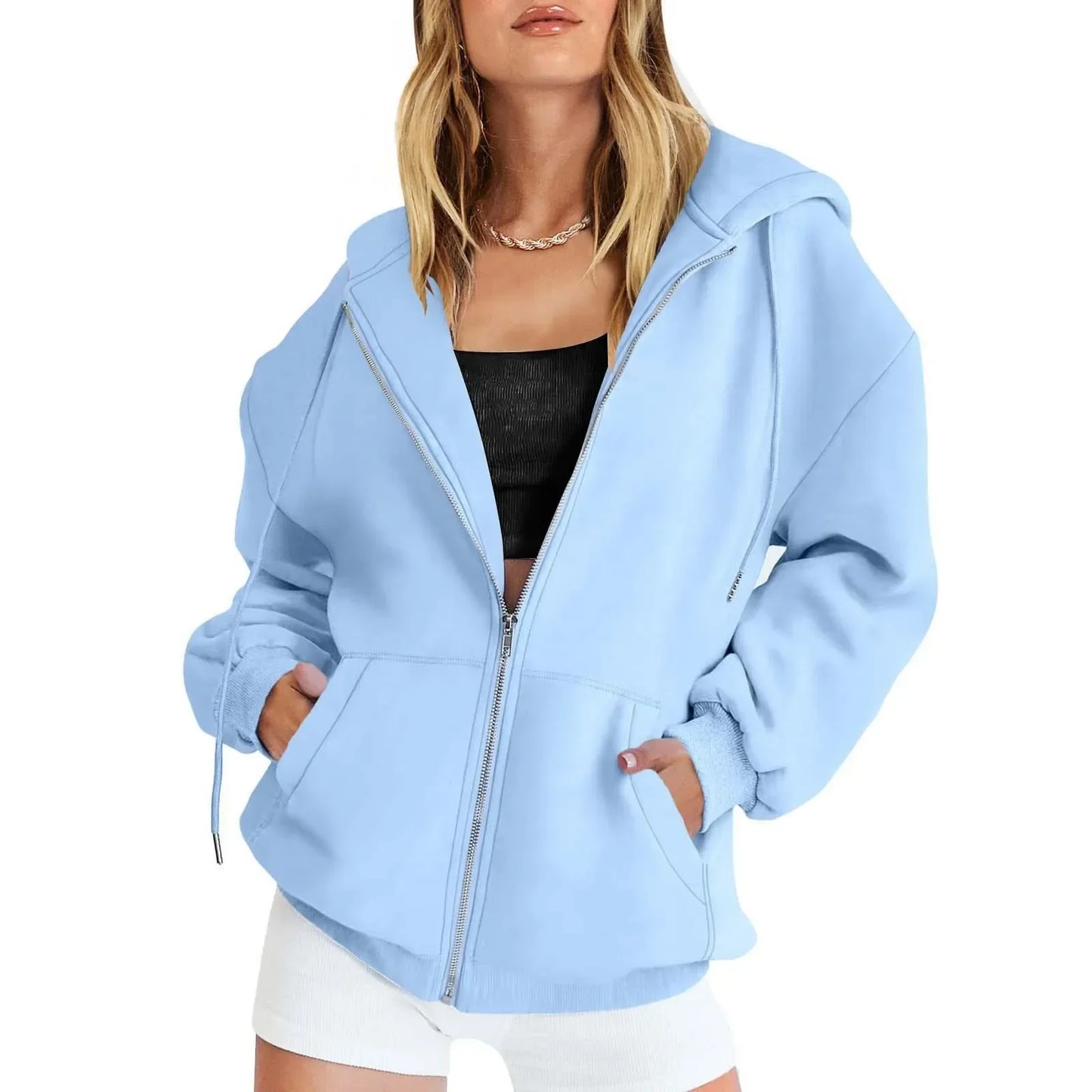 Fashionable Metal Zipper Sweatshirt Hooded Sweatshirt Daily Casual Pocket Long Sleeved Solid Color Customizable Logo