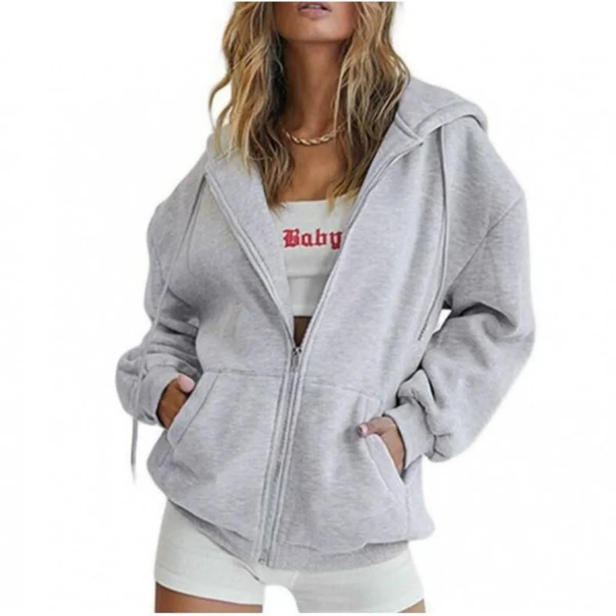 Fashionable Metal Zipper Sweatshirt Hooded Sweatshirt Daily Casual Pocket Long Sleeved Solid Color Customizable Logo
