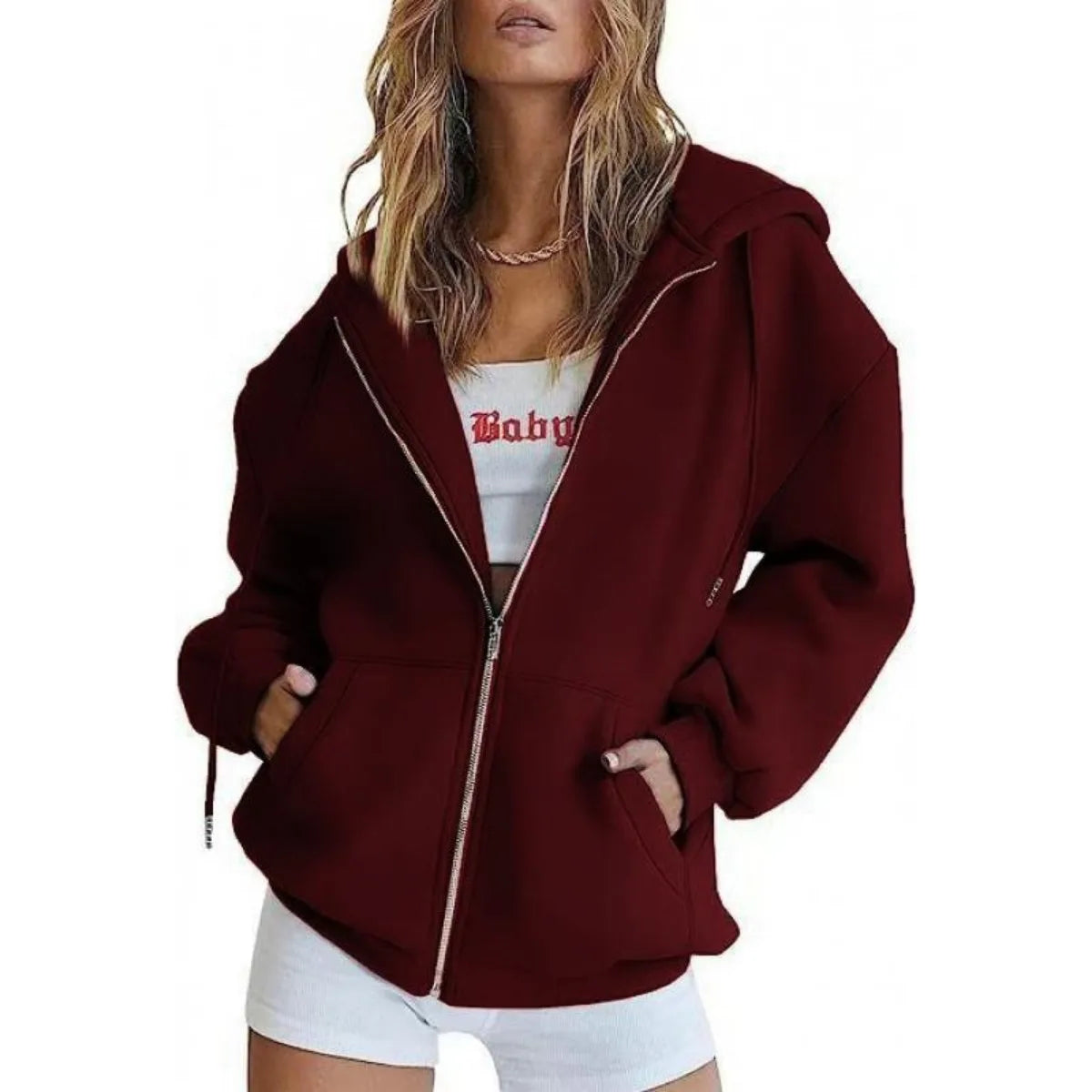 Fashionable Metal Zipper Sweatshirt Hooded Sweatshirt Daily Casual Pocket Long Sleeved Solid Color Customizable Logo