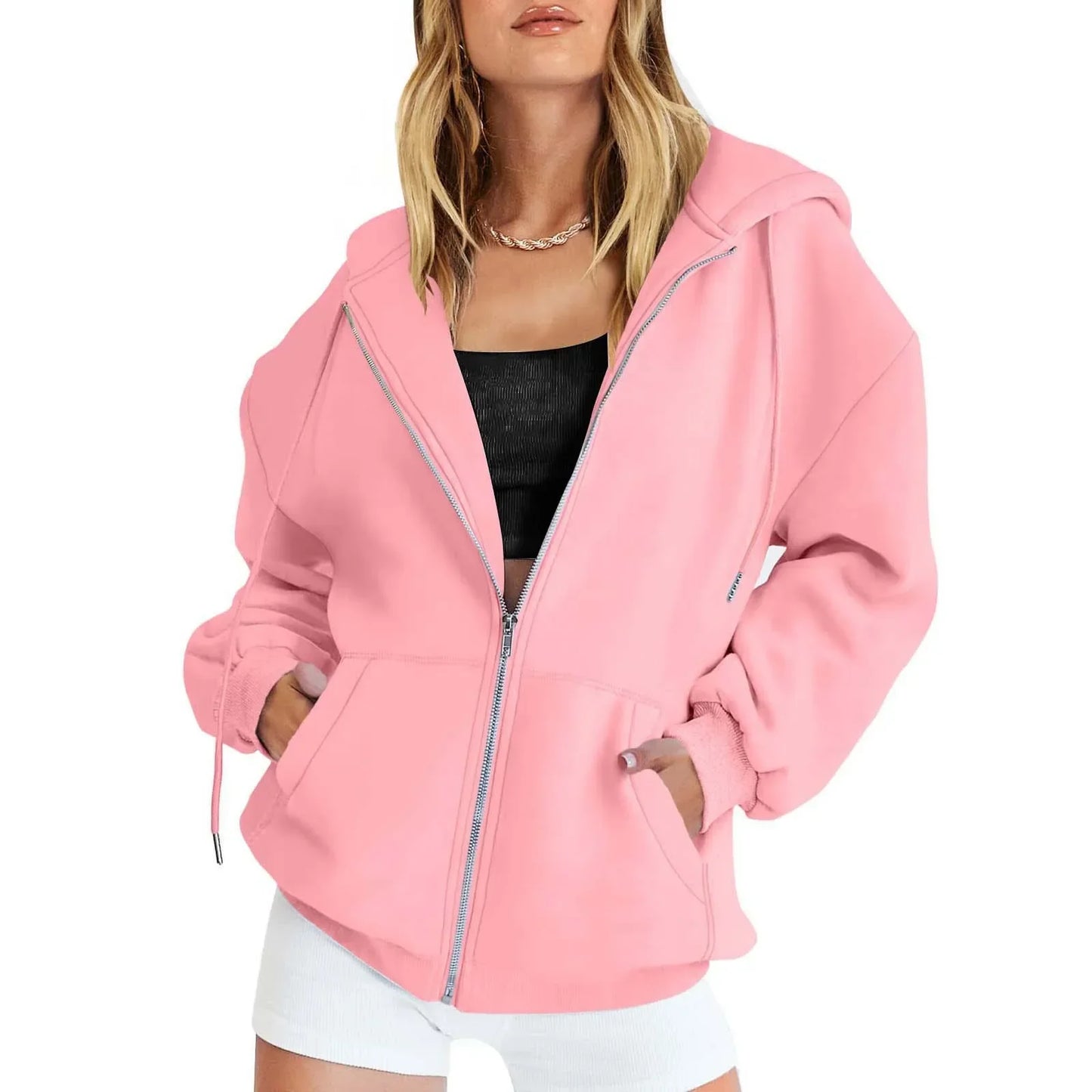 Fashionable Metal Zipper Sweatshirt Hooded Sweatshirt Daily Casual Pocket Long Sleeved Solid Color Customizable Logo