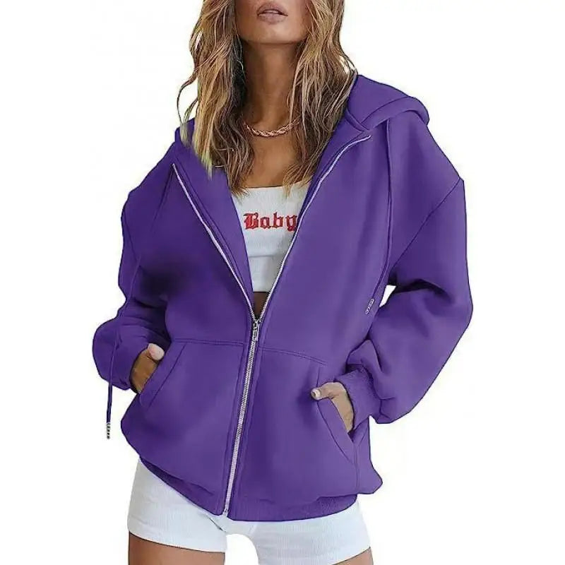 Fashionable Metal Zipper Sweatshirt Hooded Sweatshirt Daily Casual Pocket Long Sleeved Solid Color Customizable Logo