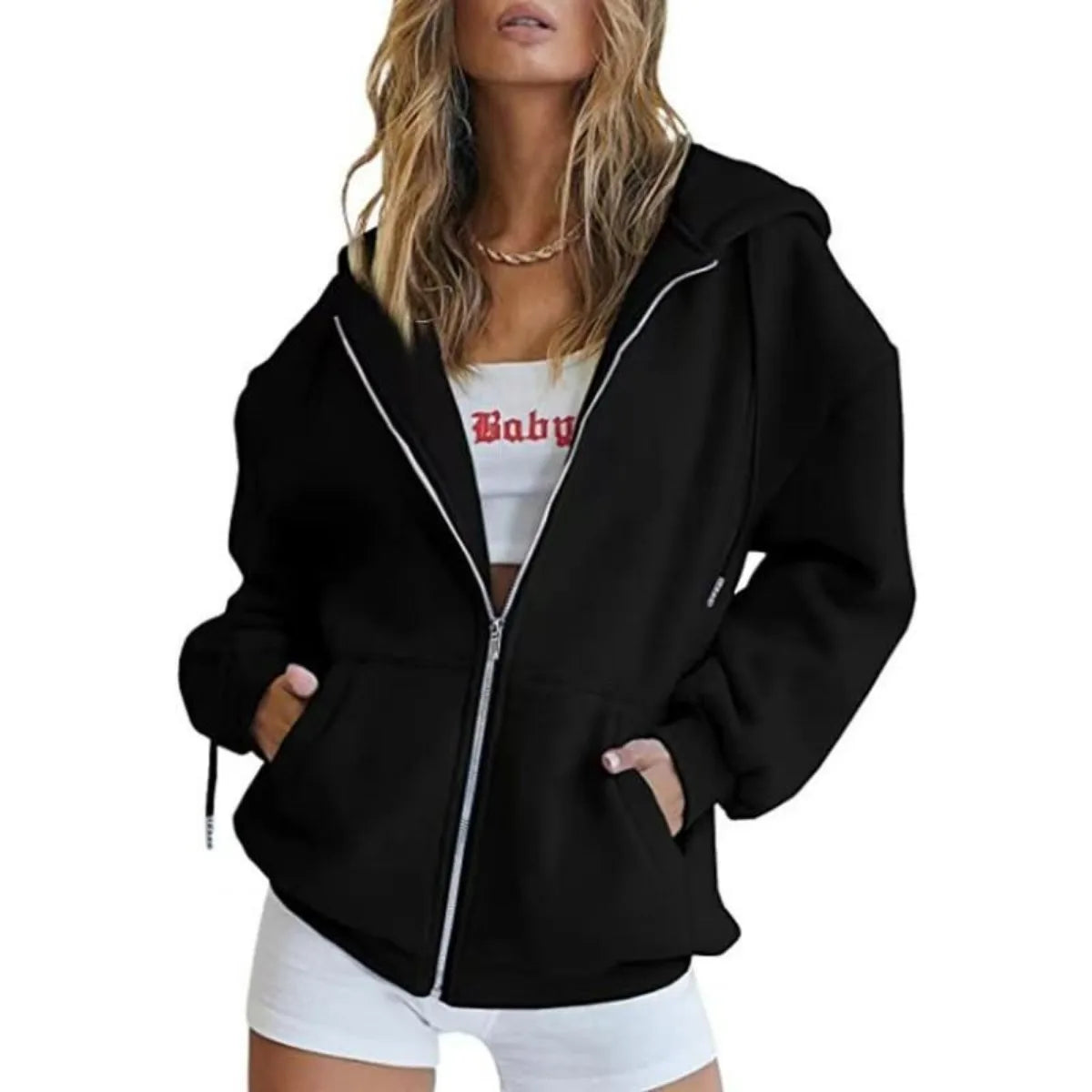 Fashionable Metal Zipper Sweatshirt Hooded Sweatshirt Daily Casual Pocket Long Sleeved Solid Color Customizable Logo